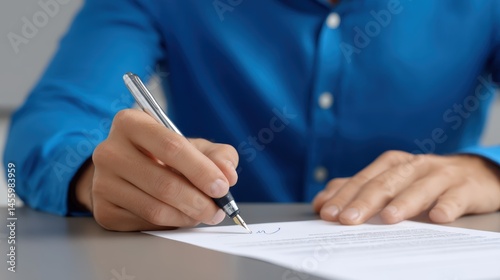 Obraz na płótnie A person in a blue shirt is signing a document with a pen at a desk. w salonie