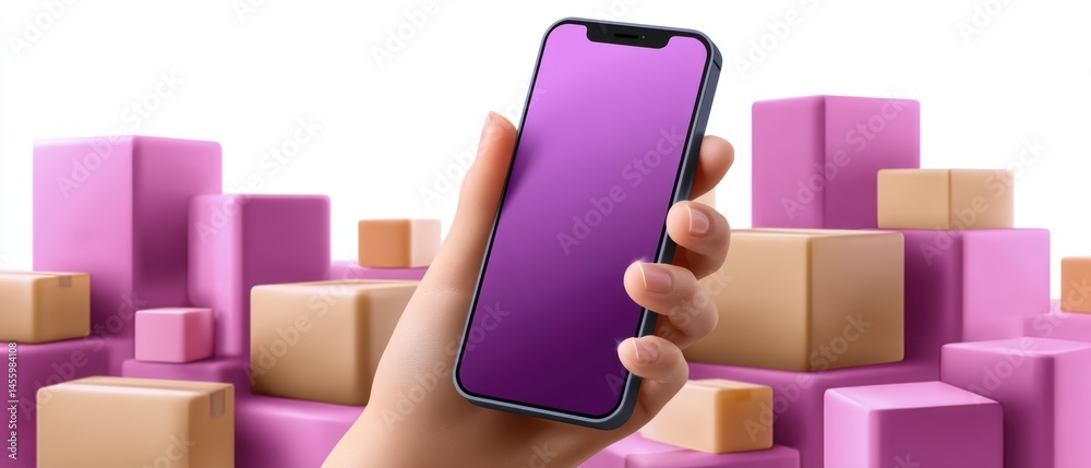 A hand holds a smartphone with a purple screen, surrounded by numerous pink and brown delivery boxes in the background.