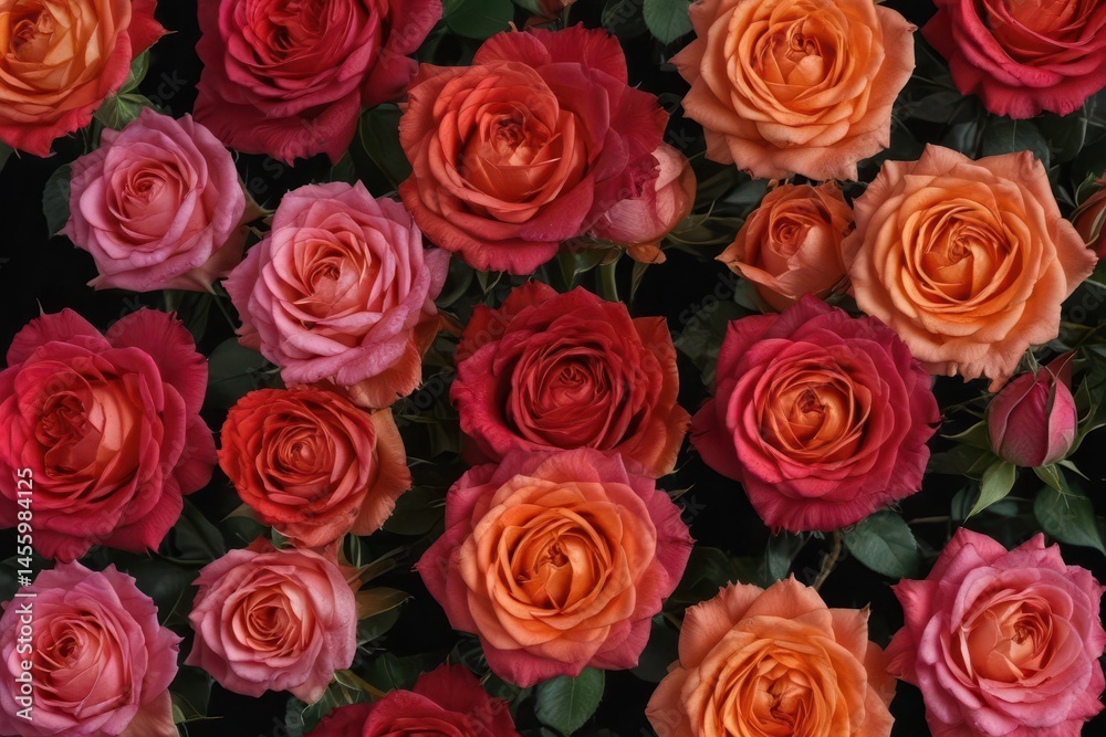 Naklejka premium A dozen vibrant roses, fully bloomed, isolated on black, beauty, macro, isolated