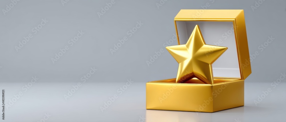 A shiny gold star trophy displayed in an open golden box on a reflective surface against a gray background.