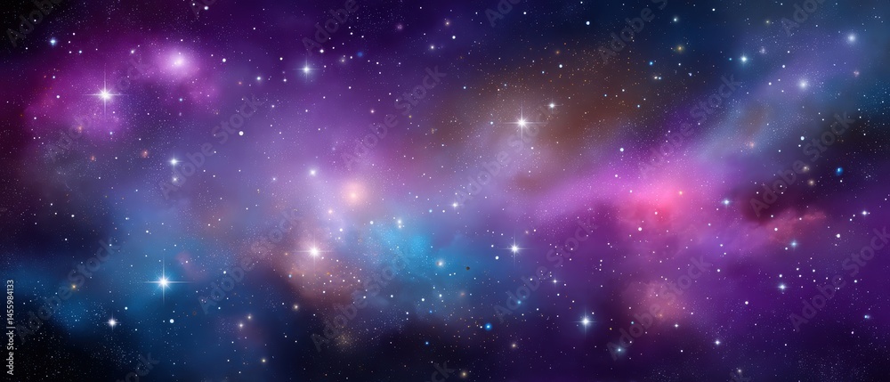A vibrant, colorful view of outer space featuring stars, nebulae, and cosmic dust in purple and blue hues.