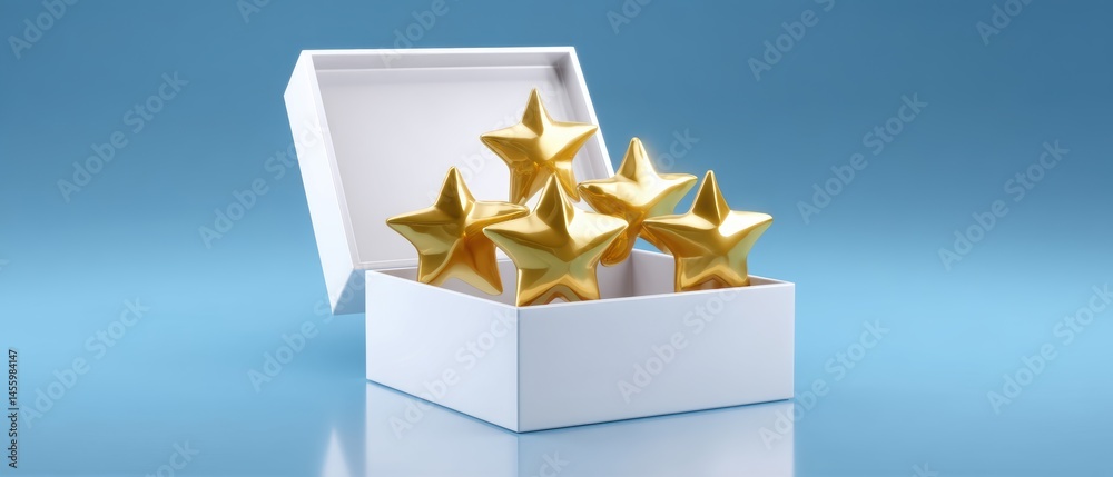 A white box filled with five shiny golden stars sits on a reflective blue surface, symbolizing high quality, excellence, and premium rating.