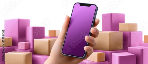 Obraz na płótnie A hand holds a smartphone with a purple screen, surrounded by numerous pink and brown delivery boxes in the background. w salonie