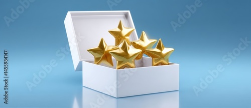 Obraz na płótnie A white box filled with five shiny golden stars sits on a reflective blue surface, symbolizing high quality, excellence, and premium rating. w salonie