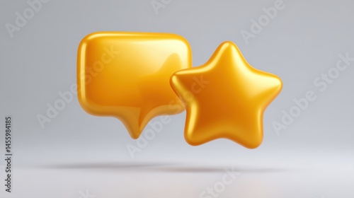 A golden speech bubble and a star icon floating on a light grey background.