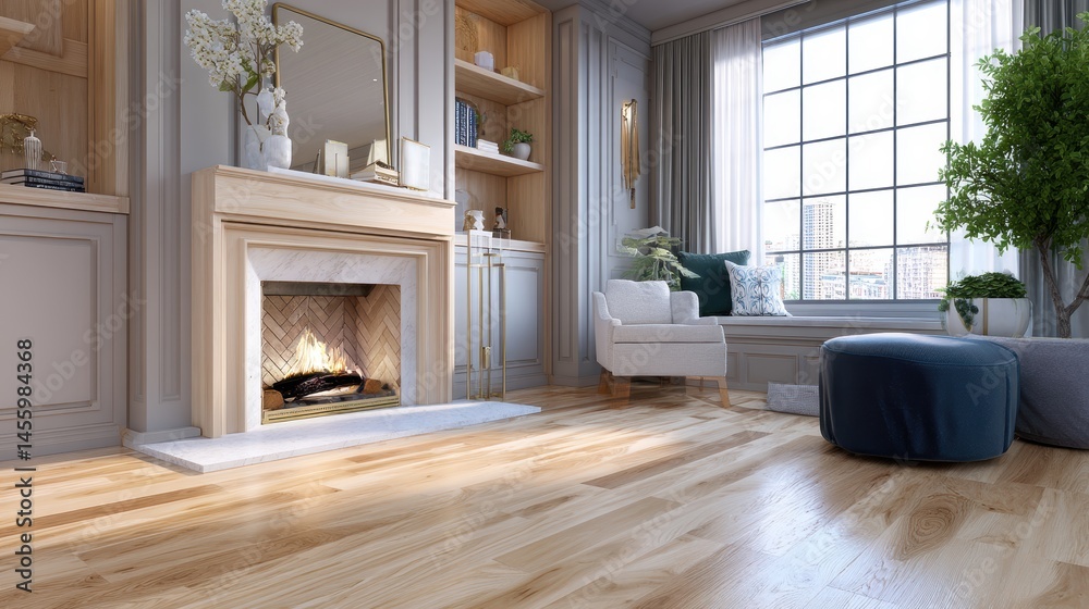 A bright, elegant living room with a fireplace, wooden floor, large window, armchair, pouf, and bookshelves.