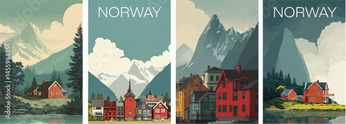 Norway vintage style travel poster set. Collection of scenic art deco retro tourism illustrations