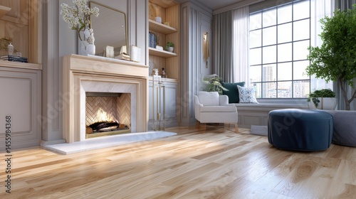 Obraz na płótnie A bright, elegant living room with a fireplace, wooden floor, large window, armchair, pouf, and bookshelves. w salonie