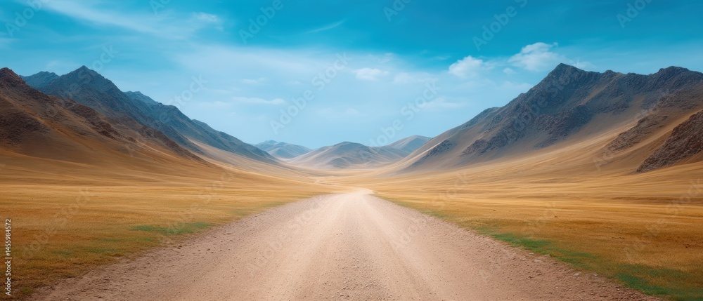 A dirt road stretches through a wide, open valley flanked by mountains under a bright blue sky.