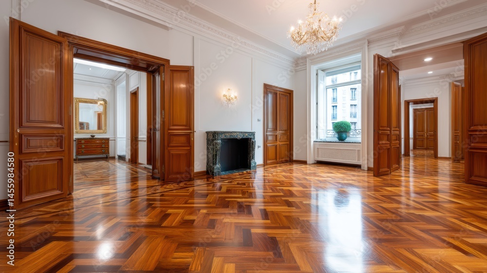 Spacious, elegant room with polished wooden floors, large windows, decorative fireplace, and chandelier, exuding luxury and classic interior design.
