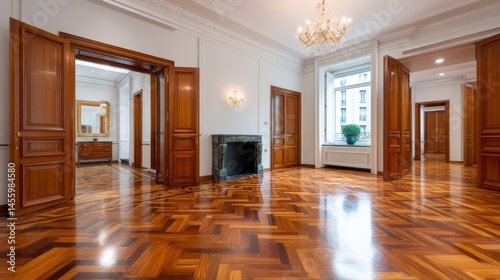 Obraz na płótnie Spacious, elegant room with polished wooden floors, large windows, decorative fireplace, and chandelier, exuding luxury and classic interior design. w salonie