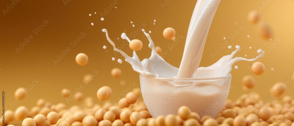 Creamy soy milk splashes into a bowl surrounded by whole soybeans on a golden background.