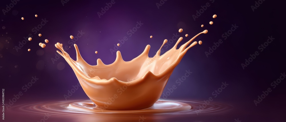 A splash of chocolate liquid creates a bowl-like shape with droplets against a purple background.