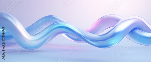Abstract 3D shapes of intertwining waves in glossy pearl and blue effect on a gradient pastel background. Shiny fluid waves in smooth silver texture