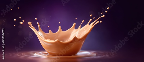 Obraz na płótnie A splash of chocolate liquid creates a bowl-like shape with droplets against a purple background. w salonie