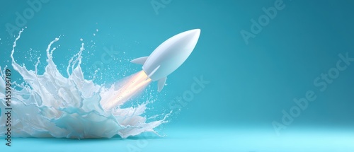A white rocket launches from a splash of milk against a blue background, symbolizing innovation and creative ideas.
