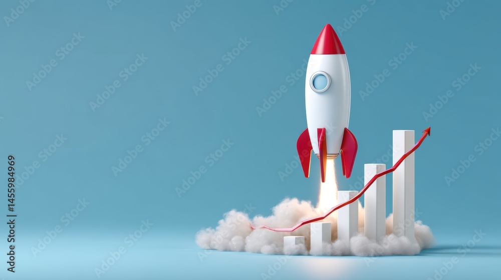 A red and white rocket launches beside ascending bar graphs with an upward arrow, symbolizing business growth and success.