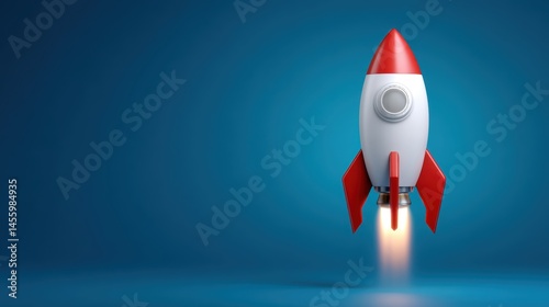 Obraz na płótnie A small red and white rocket launches upward against a blue gradient background with flames coming from its base. w salonie