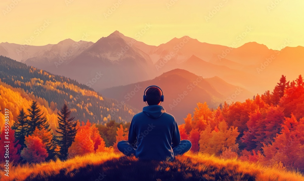 Fototapeta premium Meditative person enjoying sunset in autumn mountains with headphones
