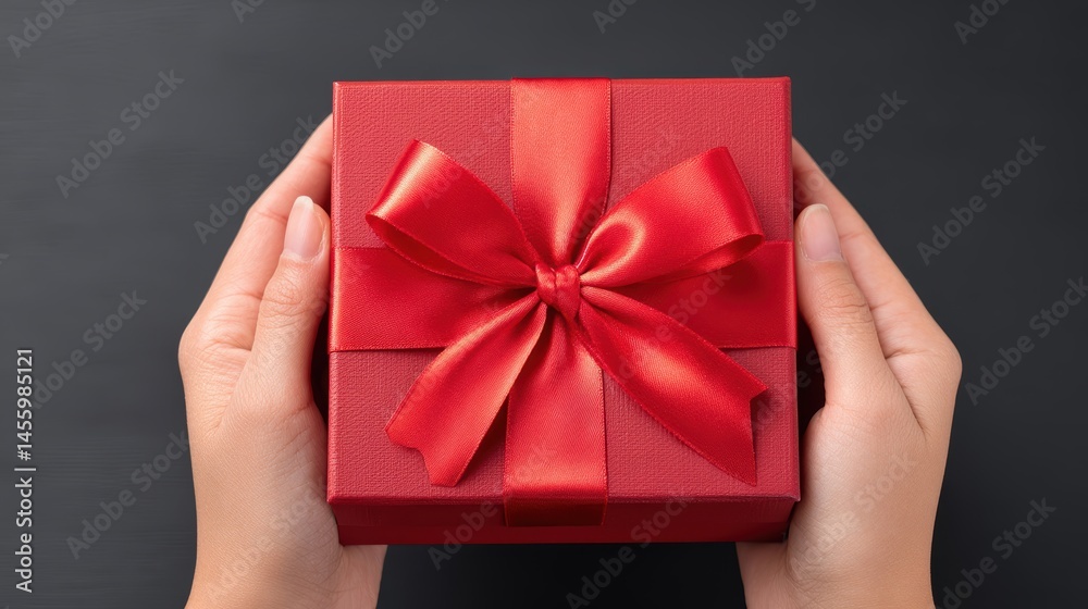 A person holds a red gift box with a shiny satin ribbon bow against a dark background.