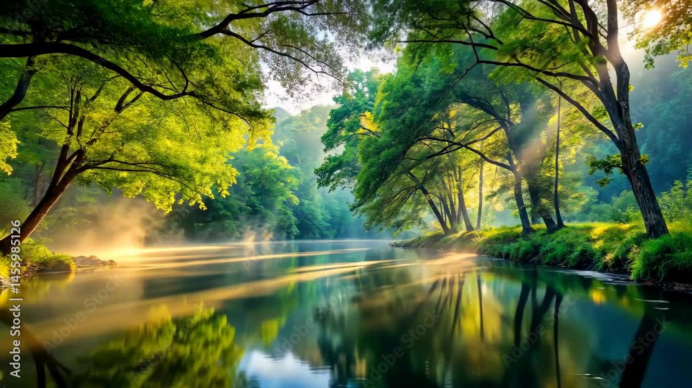 Tranquil river flows through a misty forest at sunrise, a scenic and serene view. Tranquil river flows through a misty forest at sunrise, a scenic and serene view.