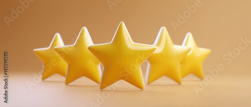 Obraz na płótnie Five yellow stars are arranged in a row on a warm gradient background, symbolizing a perfect rating or high quality. w salonie