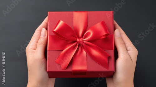 Obraz na płótnie A person holds a red gift box with a shiny satin ribbon bow against a dark background. w salonie