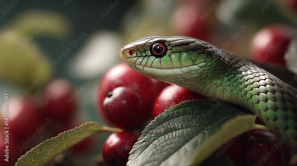 Obraz premium Green snake amidst red berries