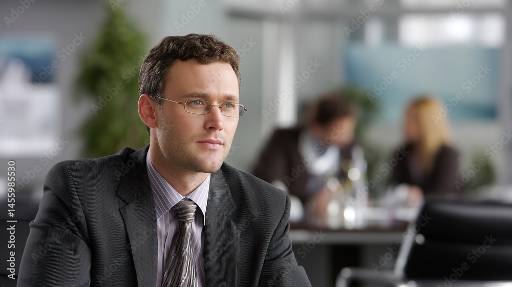 Fototapeta premium A happy businessman listens intently in a formal setting, embodying professionalism and focused engagement. 