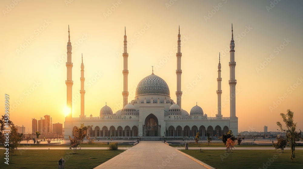 Naklejka premium Majestic mosque at sunrise, featuring a grand, white, modern architectural design with intricate details and minarets. 