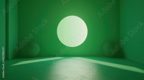Green room minimalist design with spheres and soft lighting