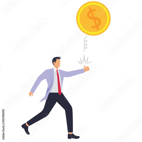 A businessman tosses a large coin. Illustration for financial freedom, abundant wealth and riches