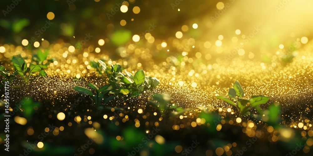 Naklejka premium Golden sunlight illuminating young plants in sparkling soil with bokeh effect