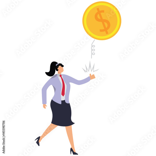 A businesswoman tosses a large coin. Illustration for financial freedom, abundant wealth and riches