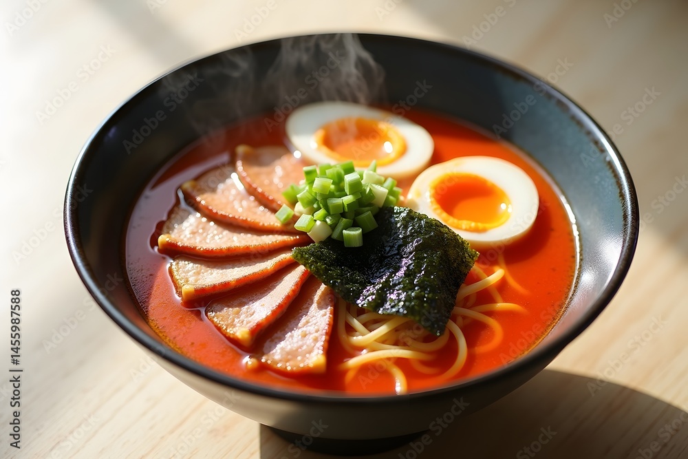 Delicious steaming bowl of japanese ramen noodles with soft boiled eggs and savory meat. Delicious steaming bowl of japanese ramen noodles with soft boiled eggs and savory meat.