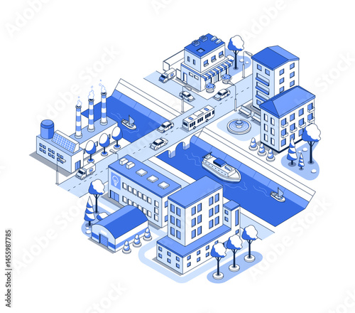 Water canal in the city - vector isometric illustration