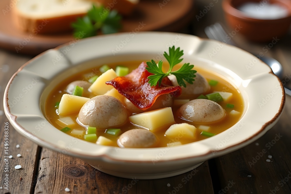 Delicious and hearty potato soup with bacon and parsley garnished in a bowl Delicious and hearty potato soup with bacon and parsley garnished in a bowl