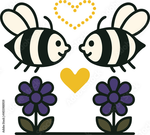 Two Cheerful Bees Face Each Other Above Purple Flowers With Yellow Hearts A Playful Graphic