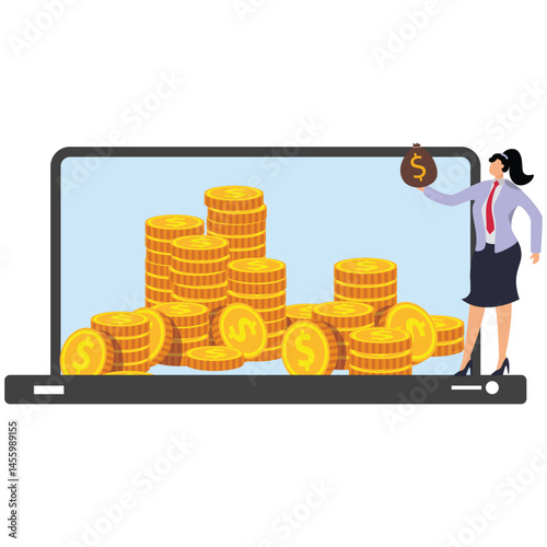 A businesswoman standing in front of a laptop and coins inside. Illustration for earning money online, work from home, freelance