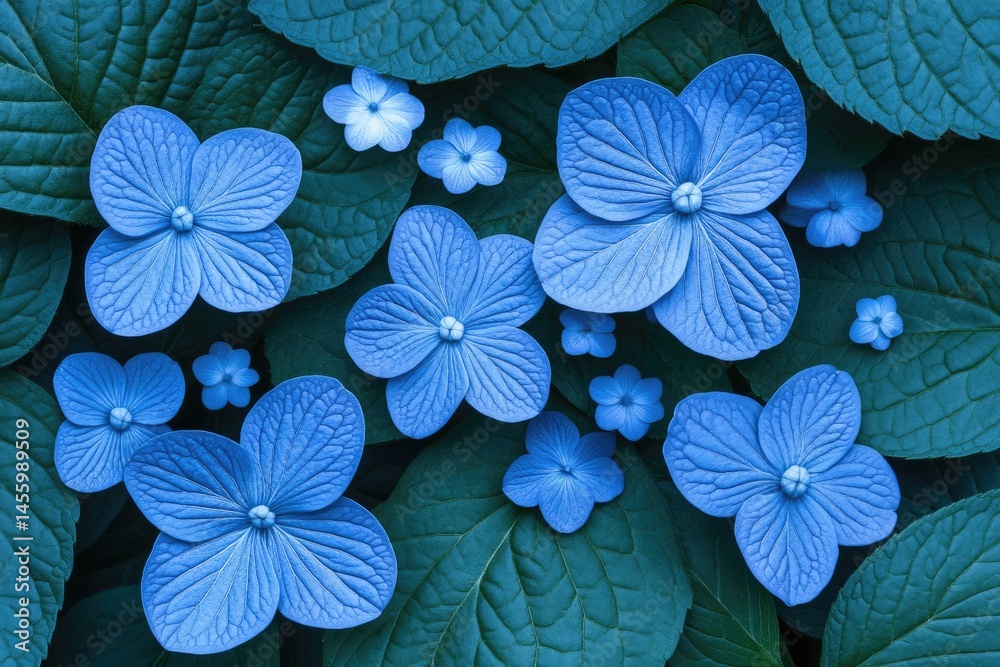 Obraz premium Vibrant blue flowers nestled among deep teal leaves