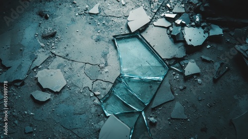 Shattered glass shards on dark floor