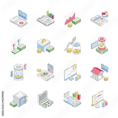 Get this trendy collection showing business and finance isometric icons