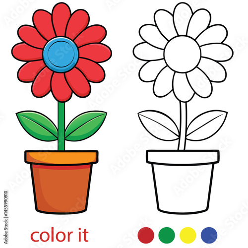Cute Flower in Pot Coloring Page for Kids | Simple Floral Outline Illustration for Children’s Activity, Printable Spring Flower Pot Art for Coloring Book or Worksheet. Adobe Illustrator Artwork
