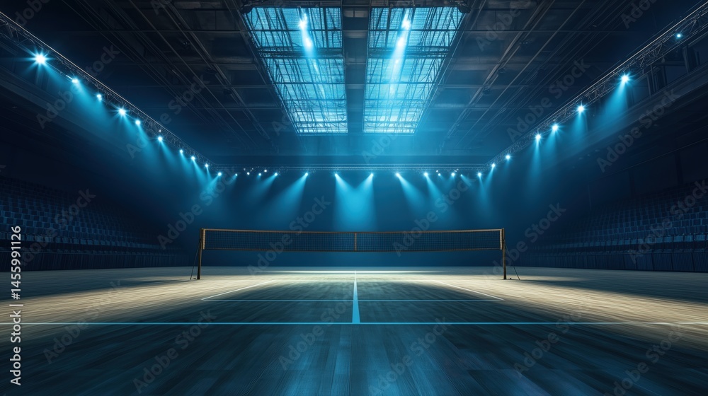 Fototapeta premium Illuminated indoor badminton court with dramatic lighting and empty seating