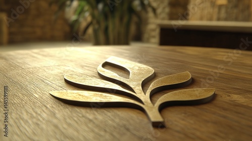 Golden leaves decorative element on wooden surface