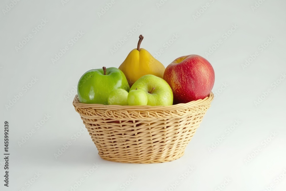 A wicker basket holds a pear, two green apples, and a red apple, with grapes nestled among them. The light background highlights the fruit A wicker basket holds a pear, two green apples, and a red apple, with grapes nestled among them. The light background highlights the fruit