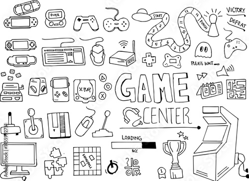 Colorful Game Doodle Collection Featuring Retro Arcade Symbols, Icons and Playful Graphics for Creative and Entertaining Digital Design
