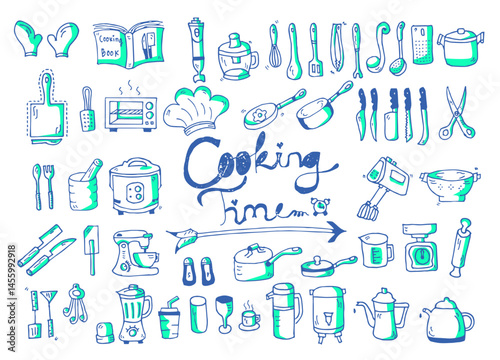 Colorful Doodle Collection Featuring Various Cooking Utensils and Ingredients with Creative Typography and Whimsical Illustrations on a Light Background