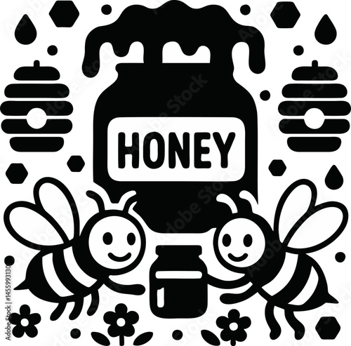 Stylized Black And White Illustration Features Bees Honey Jar And Whimsical Floral Accents