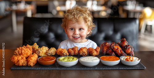 Platter fried chicken wings with various sauces. Buffalo, BBQ, garlic parmesan sauces. Crispy fried chicken drumsticks, tasty snack, delicious dinner. American pub food, restaurant menu, bar. Served